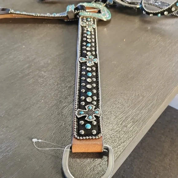 Western Horse Bridle & Breast Collar With Crosses And Turquoise Bling Belt Style - Picture 8 of 8